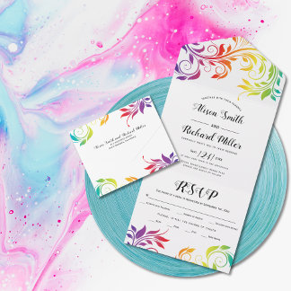 Rainbow colours scroll leaf gay, lesbian wedding all in one invitation