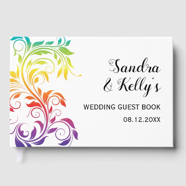 Rainbow colours scroll leaf gay lesbian wedding guest book (Front)