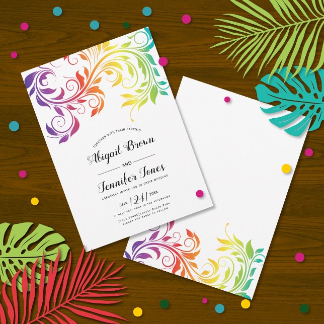 Rainbow colours scroll leaf gay lesbian wedding invitation (Creator Uploaded)