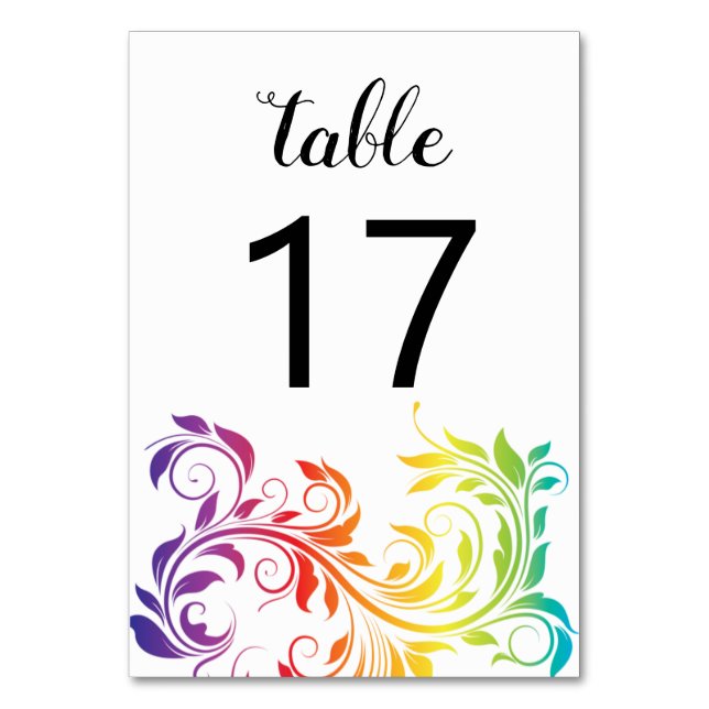 Rainbow colours scroll leaf gay lesbian wedding table number (Front)