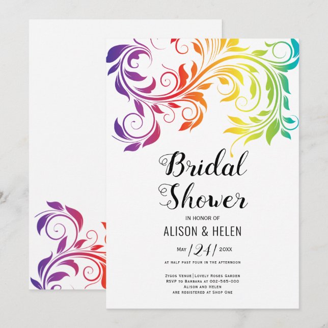 Rainbow colours scroll leaf lesbian bridal shower invitation (Front/Back)