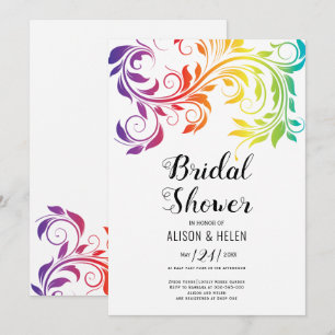 Rainbow colours scroll leaf lesbian bridal shower invitation