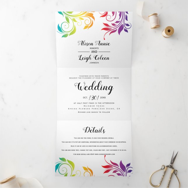 Rainbow colours scroll leaf lesbian winter wedding Tri-Fold invitation (Inside)
