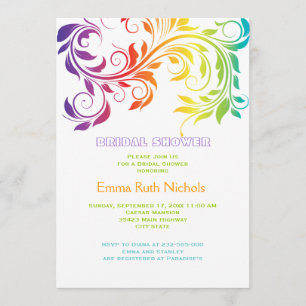 Rainbow colours scroll leaf wedding bridal shower invitation