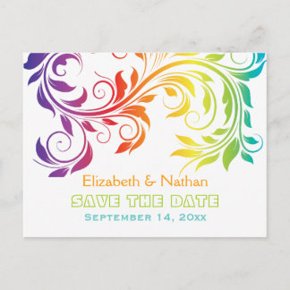 Rainbow colours scroll leaf wedding Save the Date Announcement Postcard