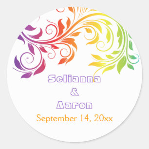 Rainbow colours scroll leaf wedding Save the Date Classic Round Sticker