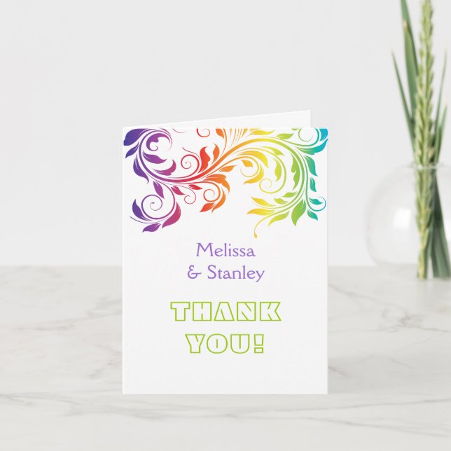 Rainbow colours scroll leaf wedding Thank You Card (Front)