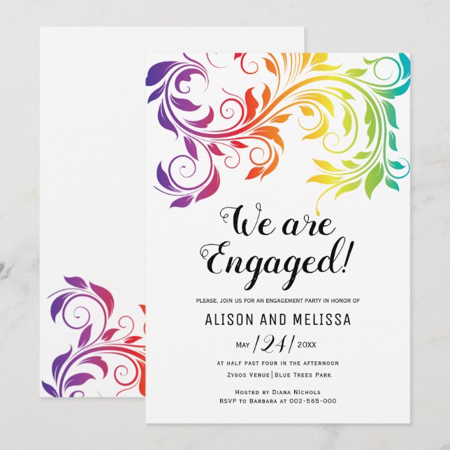 Rainbow colours scroll lesbian engagement party invitation (Front/Back)