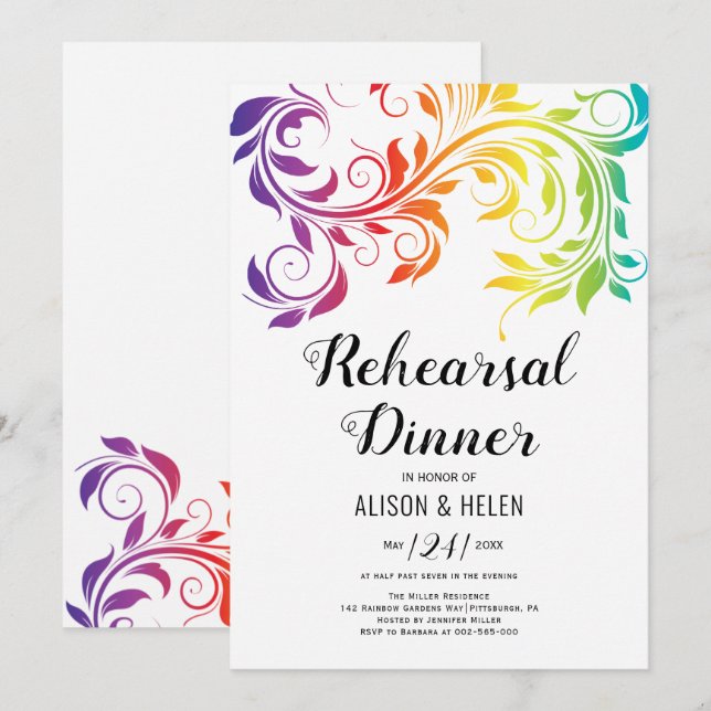 Rainbow colours scroll lesbian rehearsal dinner invitation (Front/Back)
