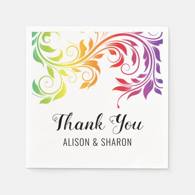 Rainbow colours scroll Thank You lesbian wedding Napkin (Front)