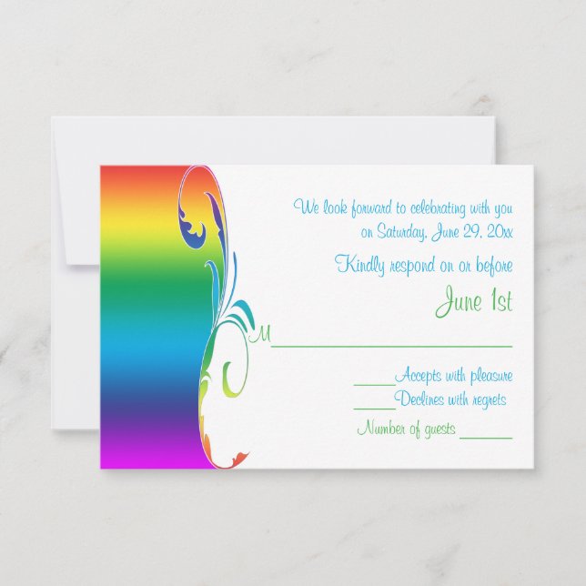 Rainbow Colours Scrolled Wedding Reply Card (Front)