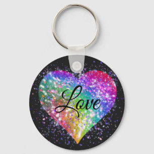 Rainbow colours sparking glitter heart love    key ring