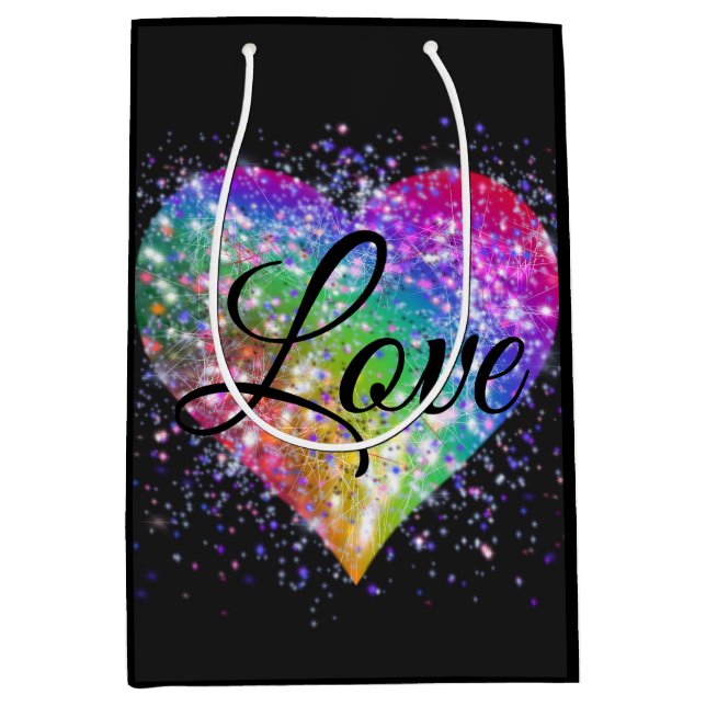Rainbow colours sparking glitter heart love  medium gift bag (Front)
