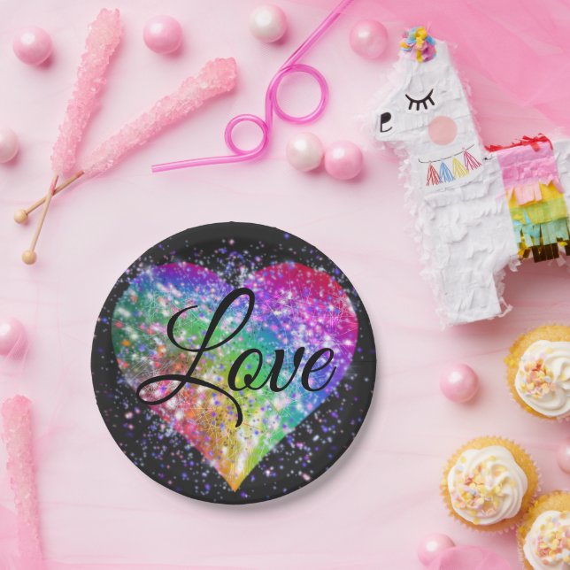 Rainbow colours sparking glitter heart love     pa paper plate (Party)
