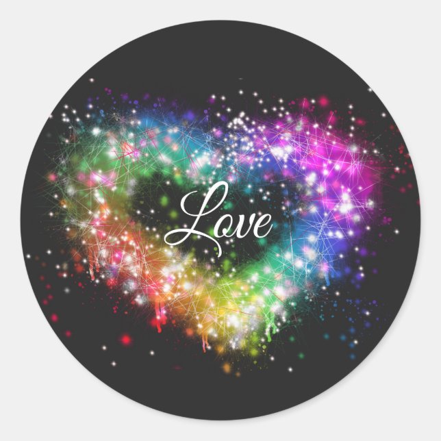Rainbow colours spray paint sparking glitter heart classic round sticker (Front)