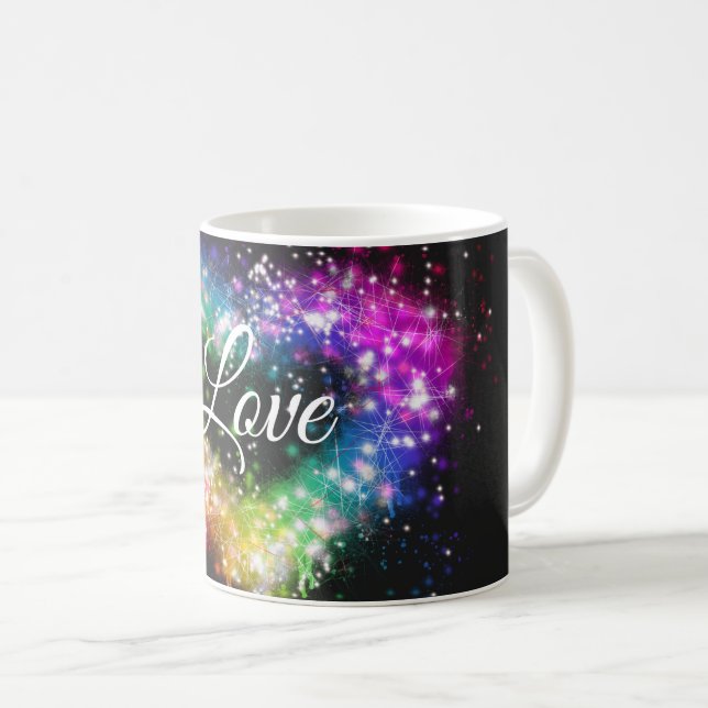 Rainbow colours spray paint sparking glitter heart coffee mug (Front Right)