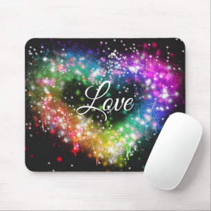 Rainbow colours spray paint sparking glitter heart mouse mat