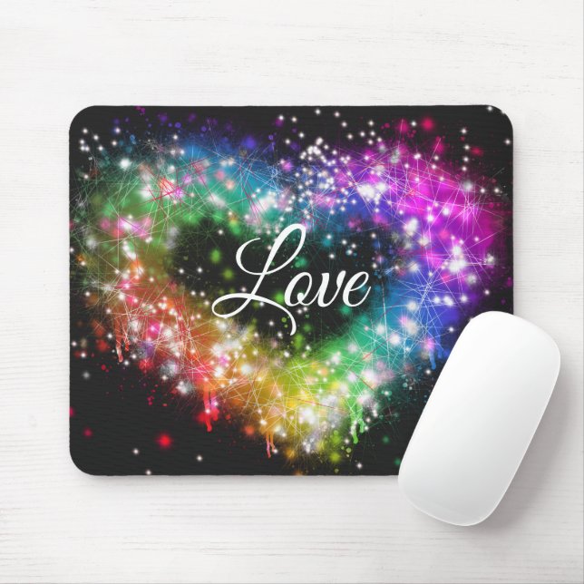 Rainbow colours spray paint sparking glitter heart mouse mat (With Mouse)
