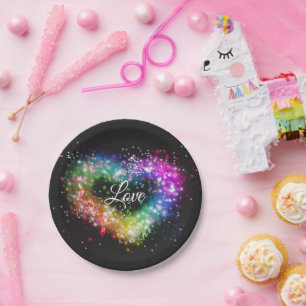 Rainbow colours spray paint sparking glitter heart paper plate