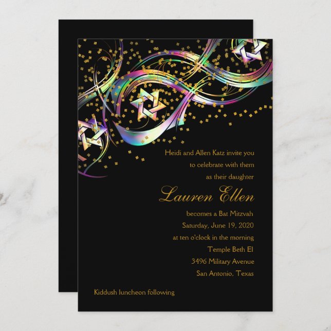 Rainbow Colours Stars Flourish Gold Confetti Invitation (Front/Back)