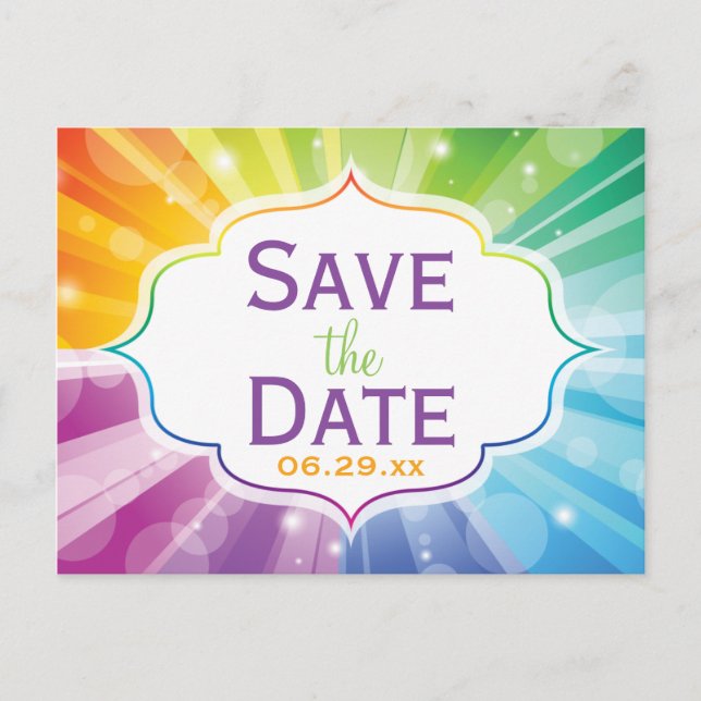 Rainbow Colours Striped Save the Date Post Card (Front)