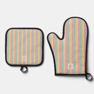 Rainbow Colours Stripes with Initial Oven Mitt & Pot Holder Set