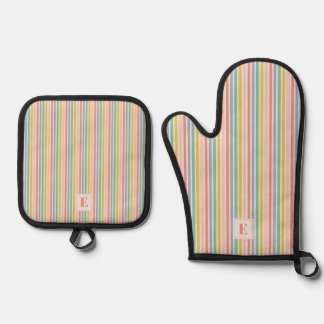 Rainbow Colours Stripes with Initial Oven Mitt & Pot Holder Set