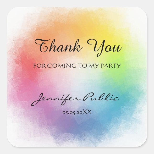Rainbow Colours Template Thank You Hand Script Square Sticker (Front)