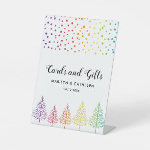 Rainbow colours trees and confetti LGBT wedding  P Pedestal Sign