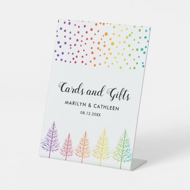 Rainbow colours trees and confetti LGBT wedding  P Pedestal Sign (Front)