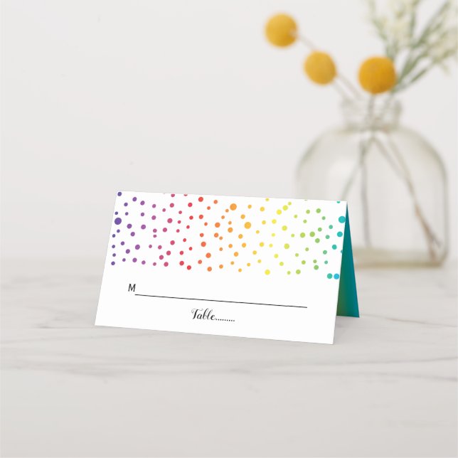 Rainbow colours trees and confetti LGBT wedding Place Card (Front)