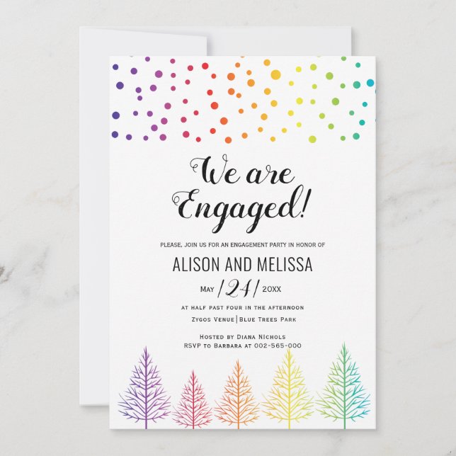 Rainbow colours trees dots lesbian engagement part invitation (Front)