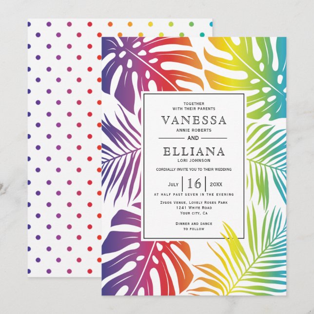 Rainbow colours tropical leaves gay lesbian weddin invitation (Front/Back)