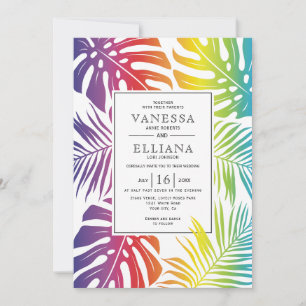 Rainbow colours tropical leaves gay lesbian weddin invitation