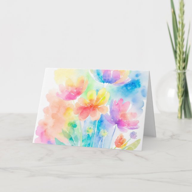 Rainbow Colours Watercolor Floral Note Card (Front)
