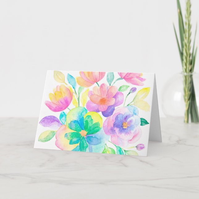 Rainbow Colours Watercolor Floral Note Card (Front)