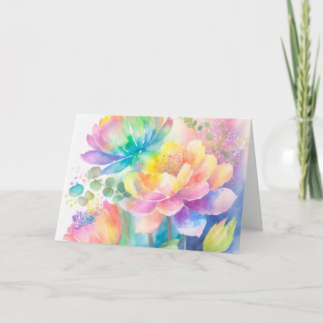 Rainbow Colours Watercolor Floral Note Card (Front)
