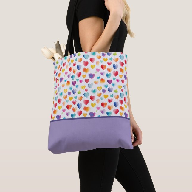 Rainbow Colours Watercolor Style Hearts Colour Blo Tote Bag (Close Up)