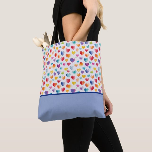 Rainbow Colours Watercolor Style Hearts Colour Blo Tote Bag (Close Up)