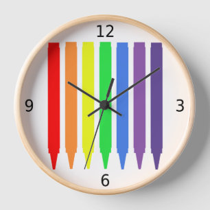 Rainbow colours wax crayons, simple, fun clock