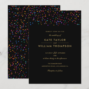 Rainbow Confetti Black And Gold Wedding Invitation