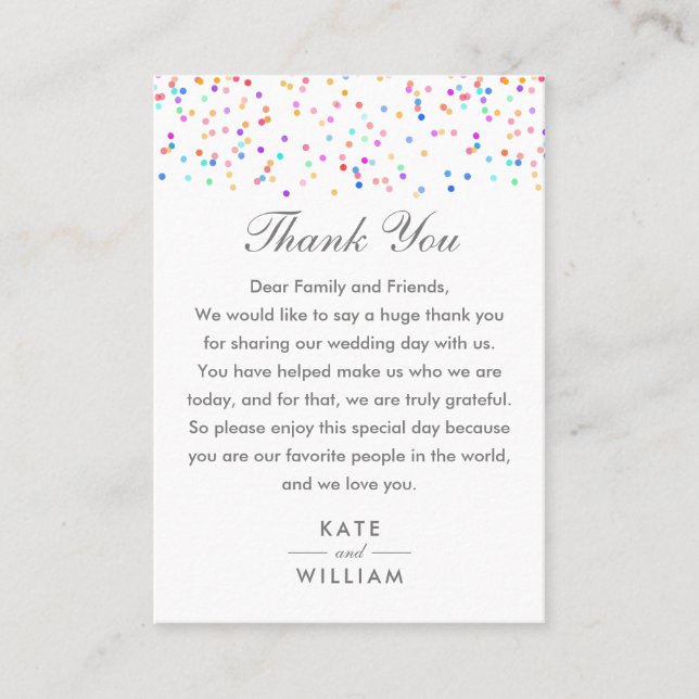 Rainbow Confetti Colourful Wedding Thank You Place Card (Front)