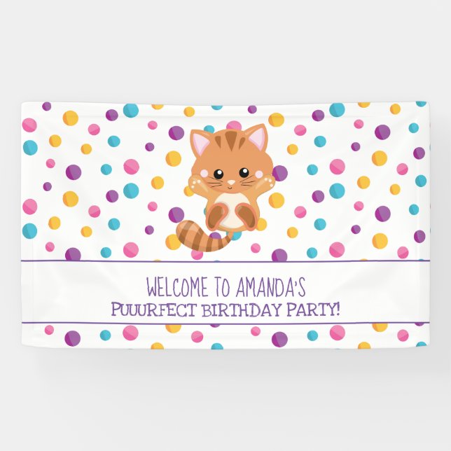 Rainbow Confetti Cute Kitty Birthday Party Welcome Banner (Horizontal)