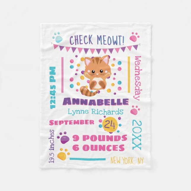 Rainbow Confetti Cute Kitty Cat Baby Birth Stats Fleece Blanket (Front)