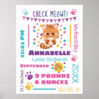 Rainbow Confetti Cute Kitty Cat Baby Birth Stats