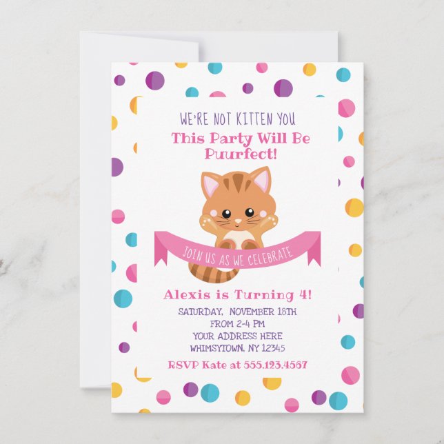 Rainbow Confetti Cute Kitty Cat Birthday Party Invitation (Front)