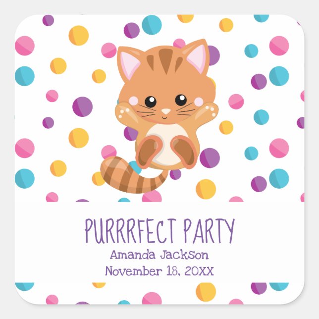 Rainbow Confetti Cute Kitty Cat Birthday Party Square Sticker (Front)
