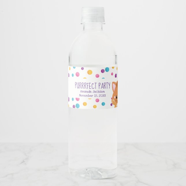 Rainbow Confetti Cute Kitty Cat Birthday Party Water Bottle Label (Front)