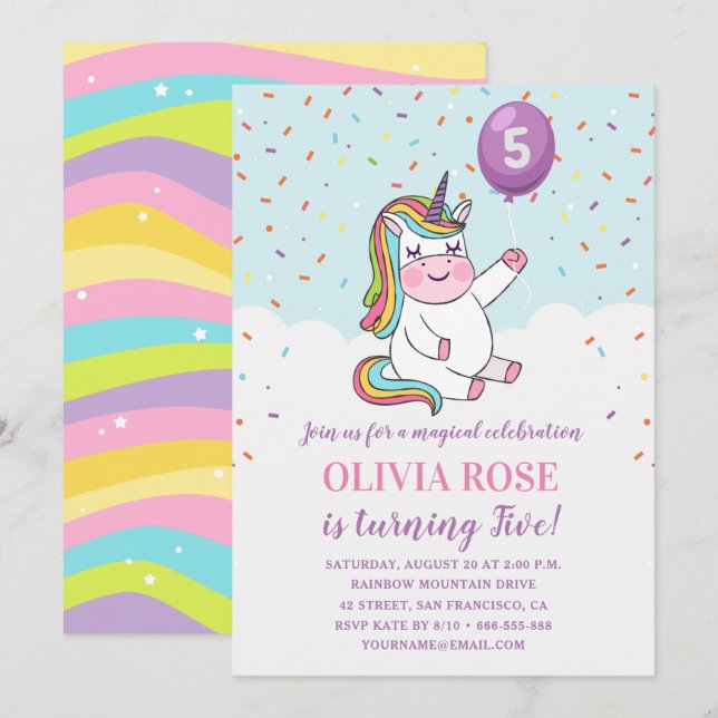 Rainbow Confetti Cute Pink Unicorn Birthday Party Invitation (Front/Back)