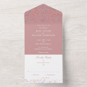 Rainbow Confetti Dusty Rose Monogram Wedding All In One Invitation